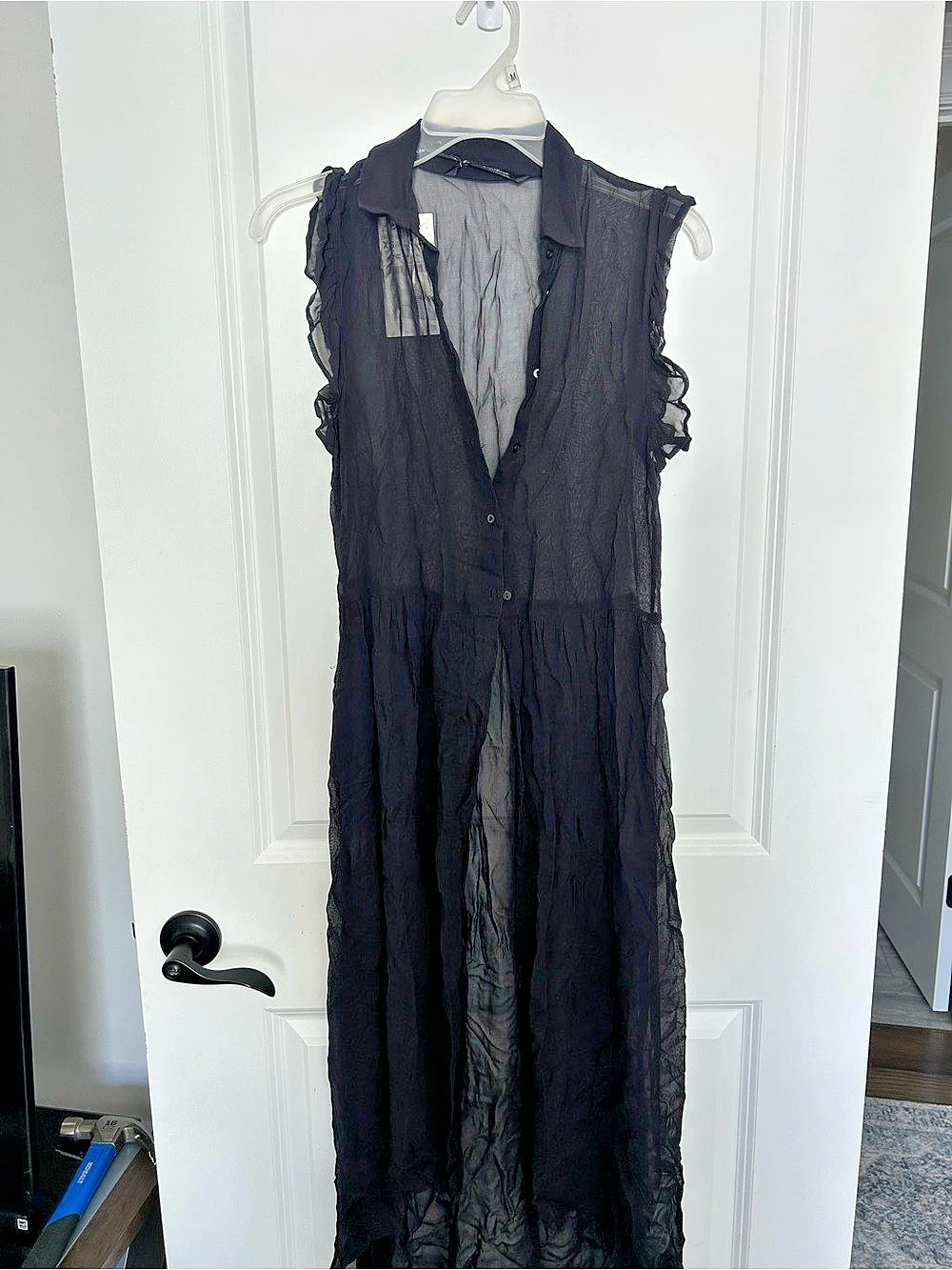 Zara The Long Shirt Dress Black Ruffle Sleeve Maxi Dress XS